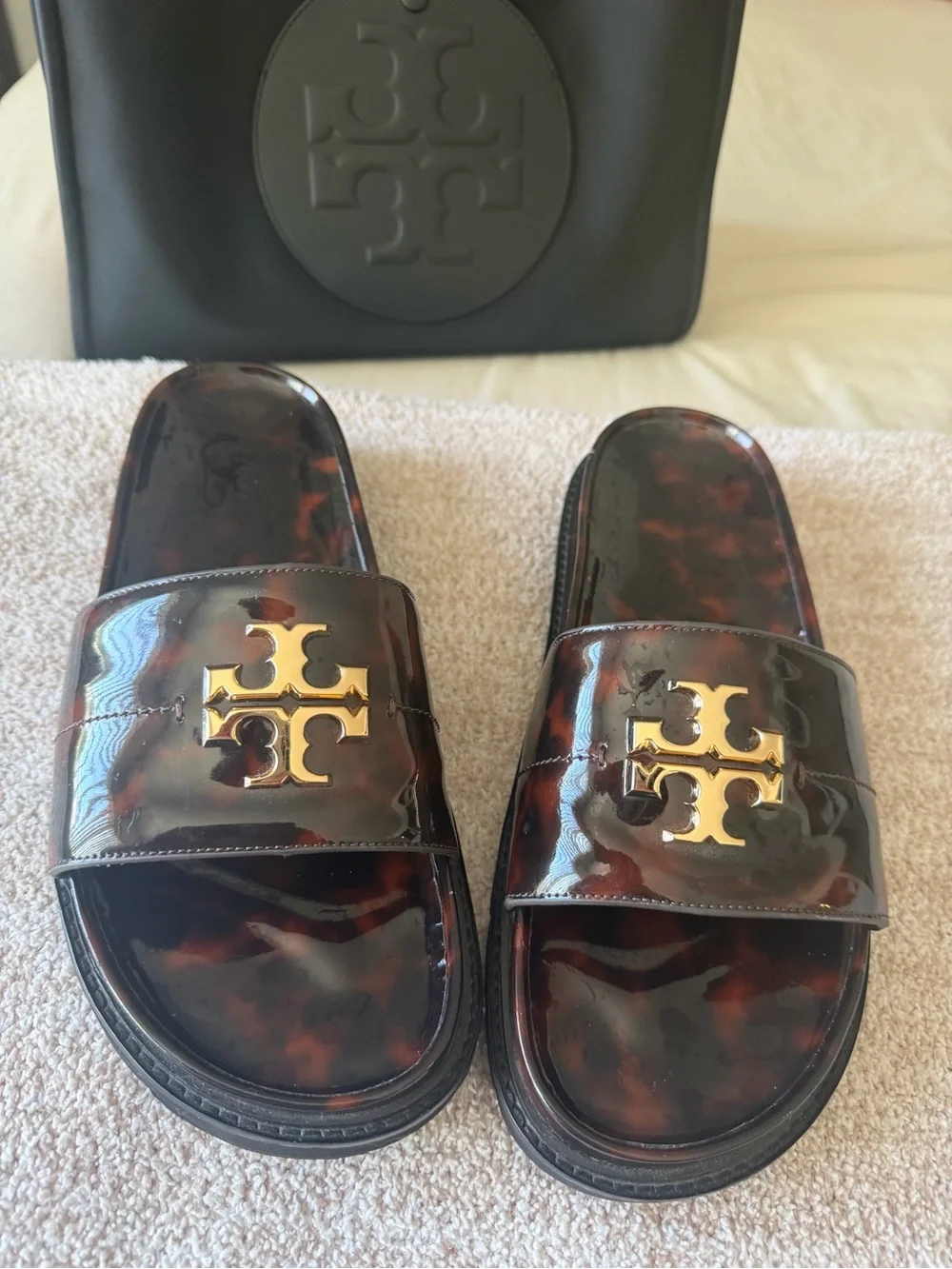 Tory Burch Tortoiseshell Patent Slide Sandals with Gold Logo
